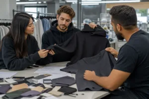 A realistic apparel development scene showing startup buyers comparing sample garments, fabric options, and branding details with a manufacturer.