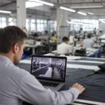 A professional remote audit scene showing how buyers can review a clothing factory through live video before placing an order.