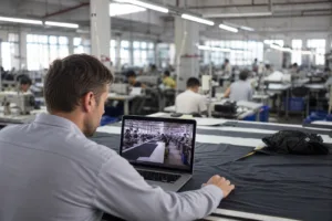 Home 43 A professional remote audit scene showing how buyers can review a clothing factory through live video before placing an order.