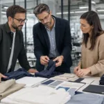 A professional apparel development review scene showing garments, notes, and planning materials after a first private label order.