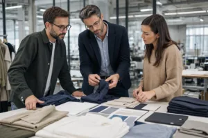 Home 41 A professional apparel development review scene showing garments, notes, and planning materials after a first private label order.