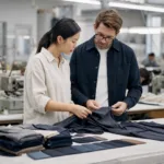 A realistic apparel production planning scene focused on evaluating garments, fabrics, and specifications for a small batch order.