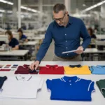 A realistic factory development scene showing team polo shirt colors, fabrics, and specification review before bulk production.
