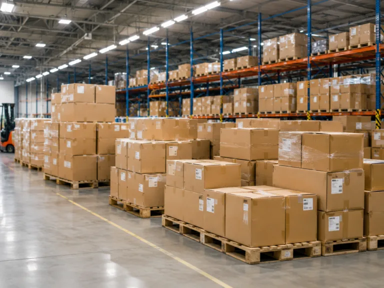 Apparel packaging and delivery warehouse with cartons ready for shipment
