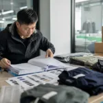 A realistic factory-side scene showing apparel documents, samples, and label checks before shipment.