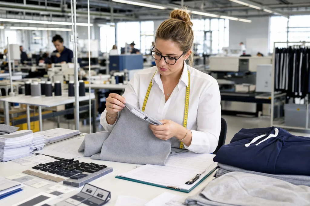 Apparel Labeling Requirements for Imported Clothing: What Buyers Need to Confirm Before Production and Shipping 1 A quality-focused apparel production scene showing label planning and verification before bulk manufacturing.