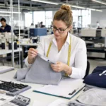 A quality-focused apparel production scene showing label planning and verification before bulk manufacturing.