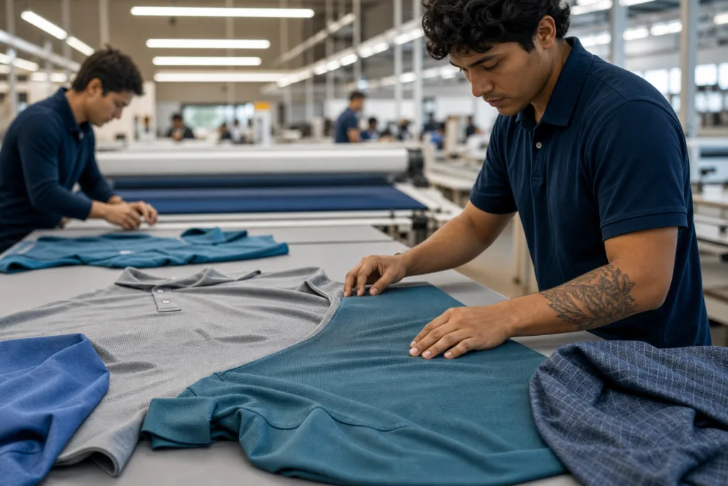 Bulk Custom Polo Shirts: What Affects Price, MOQ, and Lead Time? 5 A professional factory scene showing fabric inspection and selection for bulk polo shirt production.