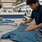 A professional factory scene showing fabric inspection and selection for bulk polo shirt production.