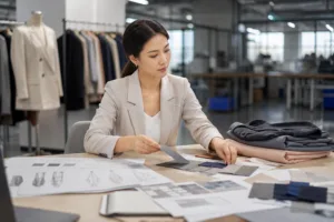 Home 43 A professional buyer prepares product details before requesting quotes for buying clothing from China.