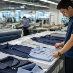 A realistic factory scene showing custom polo shirts being reviewed during sampling and fit approval.
