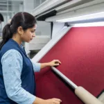 Incoming fabric inspection for custom polo shirts, focusing on color, defects, and material consistency before cutting.