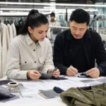 A realistic factory meeting showing a buyer and manufacturer reviewing samples, fabric, and production details before bulk order approval.