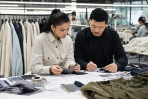 Home 44 A realistic factory meeting showing a buyer and manufacturer reviewing samples, fabric, and production details before bulk order approval.