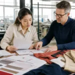 A professional sourcing review scene showing garment samples, costing sheets, and import planning documents for clothing orders from China.
