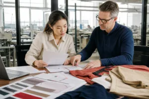 Home 43 A professional sourcing review scene showing garment samples, costing sheets, and import planning documents for clothing orders from China.