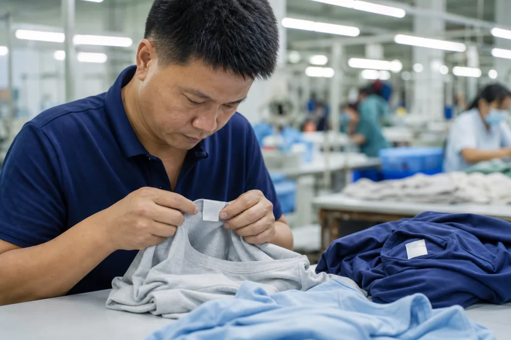Country of Origin Labels for Imported Clothing: How to Read, Place, and Verify Apparel Origin Markings 1 inspecting country of origin label clothing