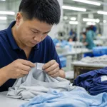 A realistic apparel quality inspection scene focused on sewn labels and garment compliance checks.