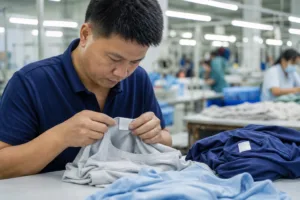 Home 43 A realistic apparel quality inspection scene focused on sewn labels and garment compliance checks.