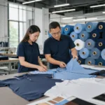 A realistic apparel manufacturing scene showing fabric and sample review for a small-batch polo project.