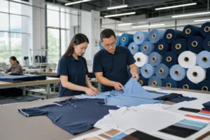 Home 46 A realistic apparel manufacturing scene showing fabric and sample review for a small-batch polo project.