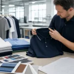 A realistic apparel manufacturing scene focused on sampling, fabric selection, and construction checks for custom polos.