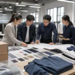 A realistic apparel development scene showing product planning, samples, and documents before bulk production and export.