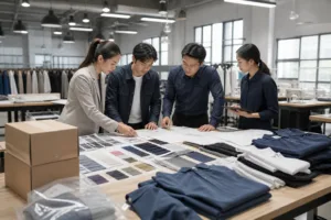 Home 43 A realistic apparel development scene showing product planning, samples, and documents before bulk production and export.