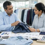 A buyer and factory team reviewing samples, specs, and production notes before order confirmation.