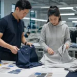 A professional sample review scene showing how buyers and factory teams align on measurements, fabrics, and construction before bulk production.