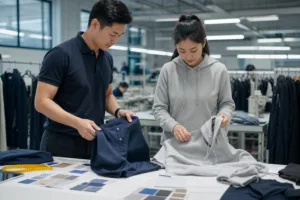 Home 43 A professional sample review scene showing how buyers and factory teams align on measurements, fabrics, and construction before bulk production.