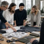 A manufacturer and startup team review sales results, garment samples, and production notes to plan the next order.