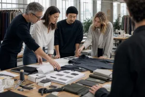 Home 43 A manufacturer and startup team review sales results, garment samples, and production notes to plan the next order.