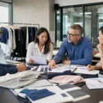 A sourcing and production team comparing fabric and garment details before customs classification.