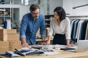 Home 43 A professional apparel team compares freight methods, timelines, and carton plans for an overseas clothing order.