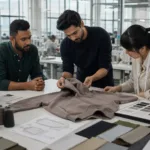A startup founder and factory team reviewing fabric swatches, measurements, and a sample garment before development.