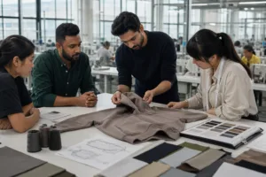 Home 45 A startup founder and factory team reviewing fabric swatches, measurements, and a sample garment before development.