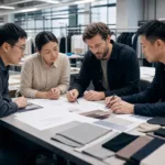 A startup founder and manufacturer team review early product information including sketches, fabric options, and garment notes.