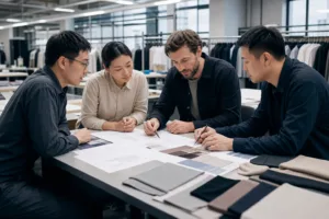 Home 42 A startup founder and manufacturer team review early product information including sketches, fabric options, and garment notes.