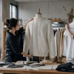 A product development team checks sample garments, measurements, and pattern balance during early startup apparel sampling.