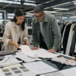 A professional apparel development meeting focused on sample review, fit confirmation, and planning the move from small-batch orders to larger runs.