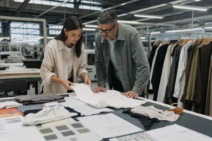 Home 43 A professional apparel development meeting focused on sample review, fit confirmation, and planning the move from small-batch orders to larger runs.