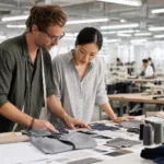 A professional apparel development meeting focused on evaluating a first trial run before larger production.