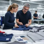 Team reviewing samples to choose clothing manufacturer by product type in a professional apparel factory