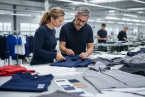 Home 43 Team reviewing samples to choose clothing manufacturer by product type in a professional apparel factory