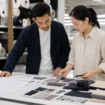 Buyer reviewing fabrics and specs to choose low MOQ clothing manufacturer options
