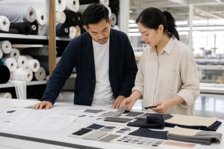 Buyer reviewing fabrics and specs to choose low MOQ clothing manufacturer options