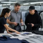 Team reviewing samples for low MOQ vs bulk clothing production decisions