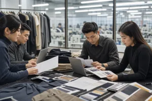 Home 43 Team reviewing documents to import clothing from China to EU markets