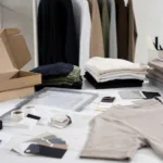 private label clothing branding sample table with labels, hang tags, and packaging